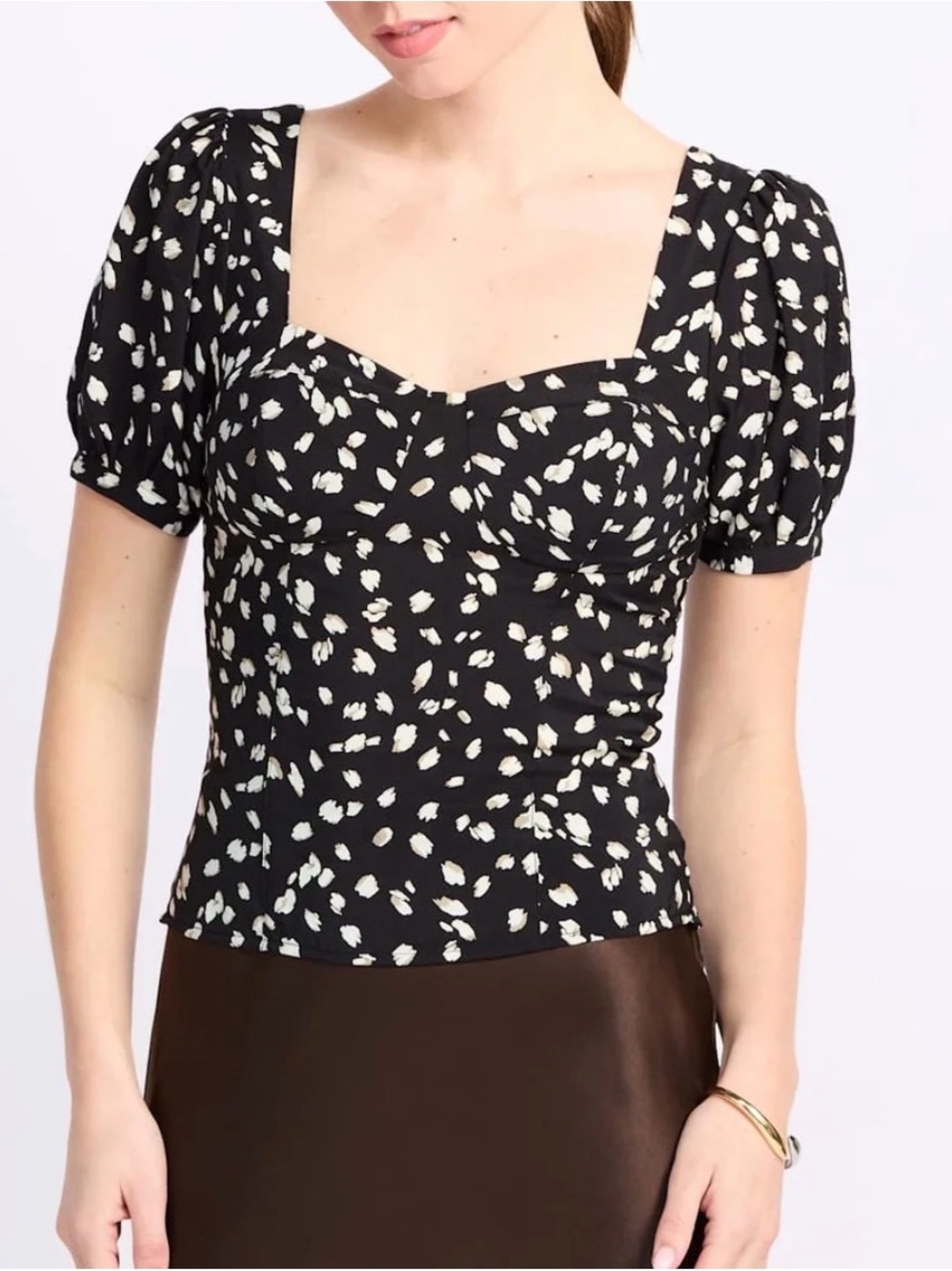Square Neck Black Puff Sleeve Blouse with White Spot Print